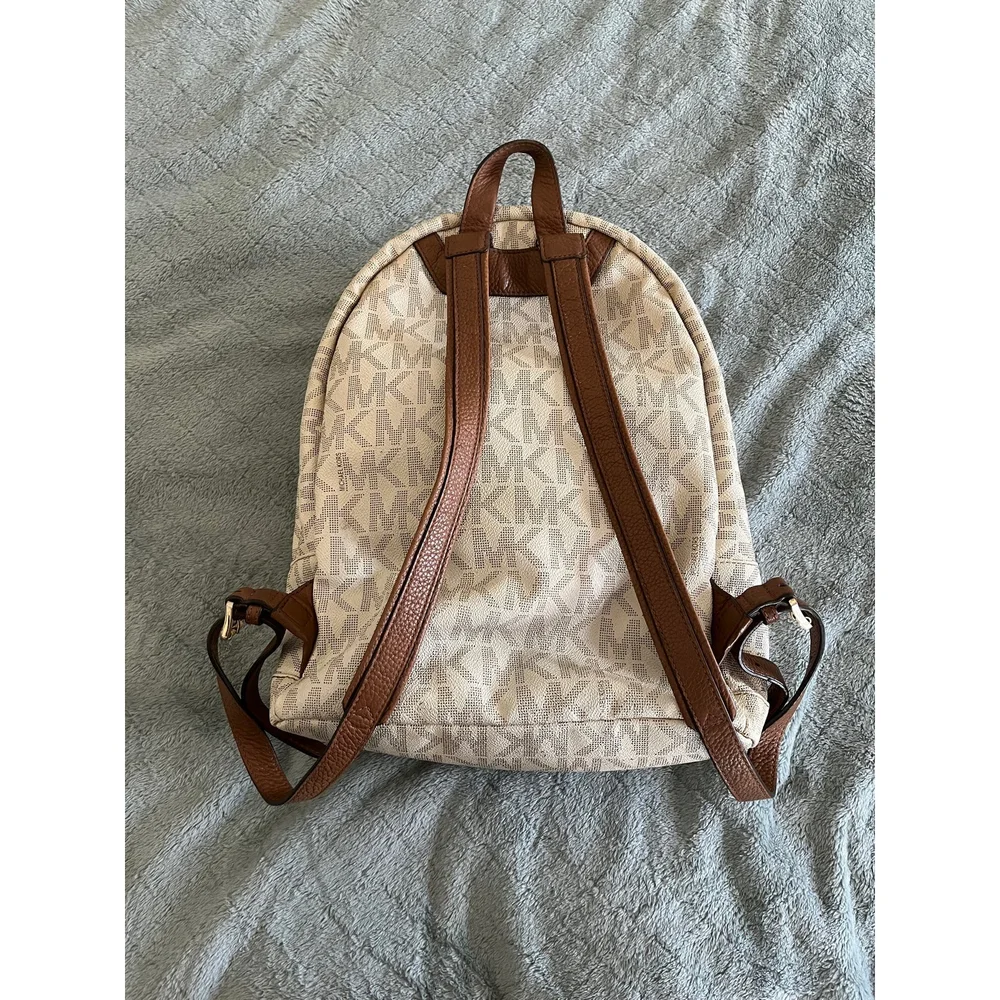 Michael Kors Abbey Studded Signature Logo Backpack Cream Tan‎ Gold Studs